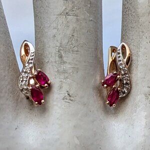 Russian Russia Solid 14K Rose Pink Gold Ruby Diamond Cluster Pierced Earrings